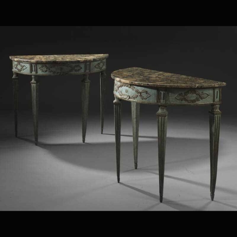 pair of console tables, painted with marble tops