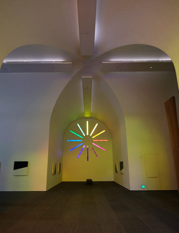 Ellsworth Kelly chapel, interior with stained glass, Austin Texas