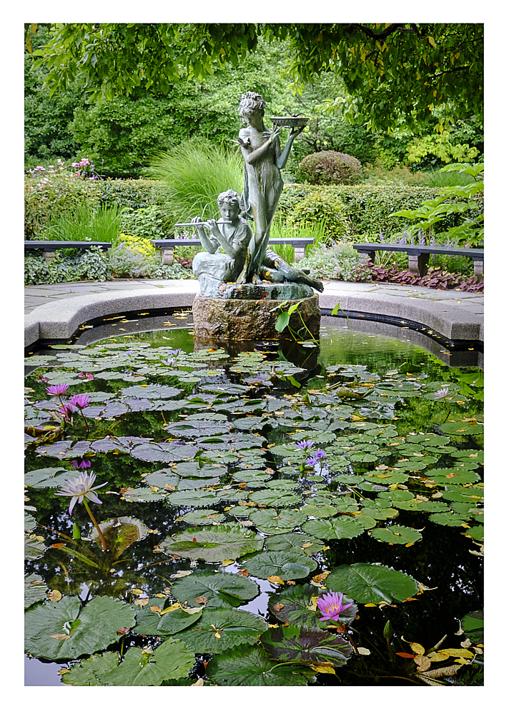 Lily pond with bronze at Central Park Conservatory